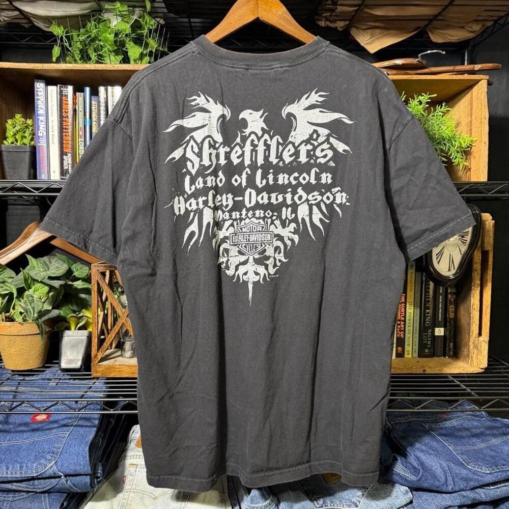 Y2K Harley Eagle Flames "Land of Lincoln" Grunge Biker Tee Faded Black Shirt XL